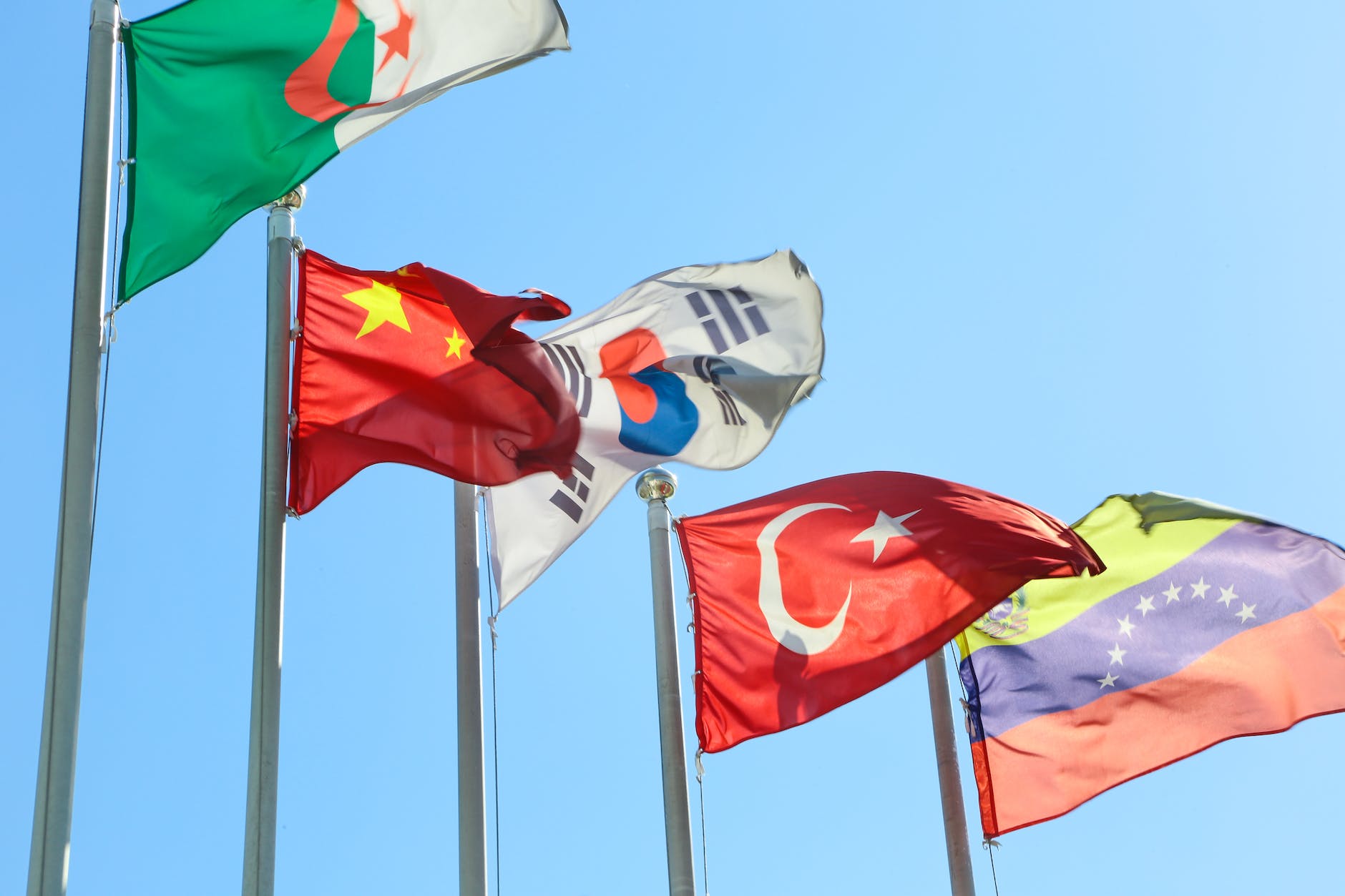 photograph of flag poles with different country flags