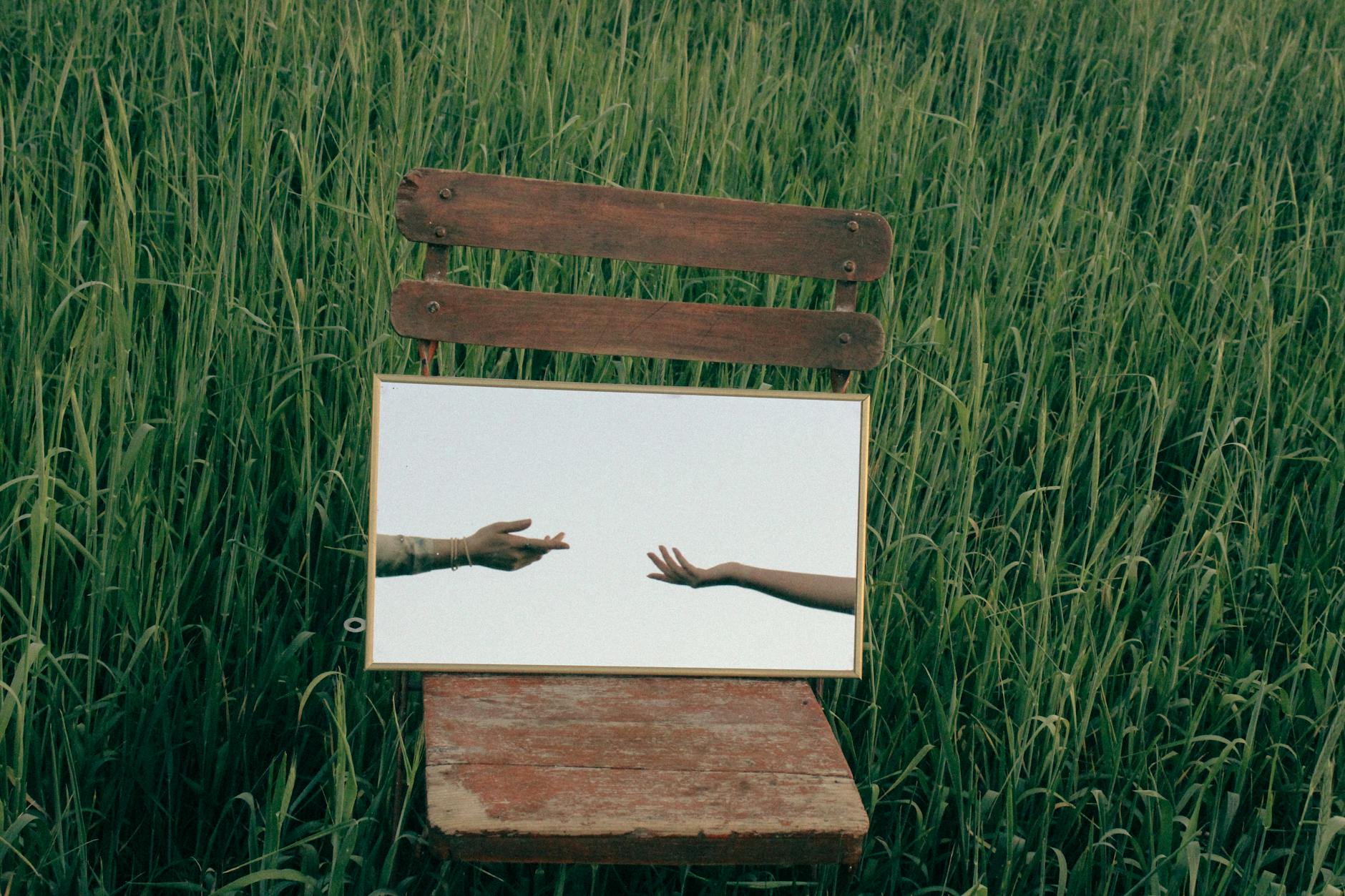 picture of reaching hands on an old chair among tall green grass