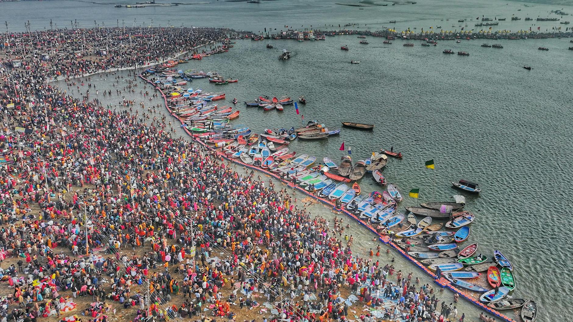 arial view of kumbh mela at triveni sangam