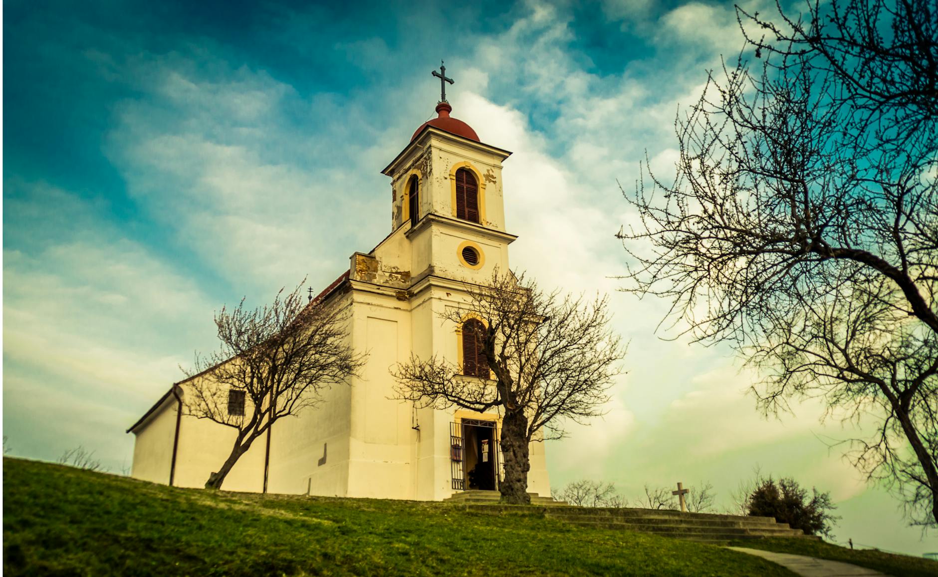 cathedral under clouds near leafless tree